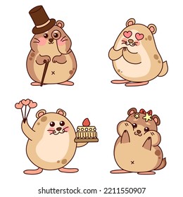 Cute hamsters set. Romance and love. Kawaii cartoon characters. Vector illustration isolated on white background.
