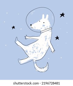 Cute Hand Darwn Nursery Vector Illustration with White Dog in a Cosmic Suite Flying Among the Stars. Crayon Drawing Style Print with Astronaut Dog in a Space. Space Party Print ideal for Card, Poster.