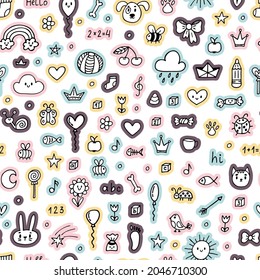 Cute hand darwn seamless pattern with sketch elements. Background for little kids. Children drawings. Doodle background. Vector illustration