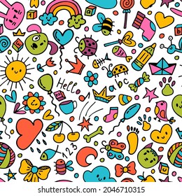 Cute hand darwn seamless pattern with sketch elements. Background for kids. Children drawings. Doodle animals background. Vector illustration
