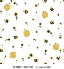Cute hand dawn bees, flowers  and honey, seamless pattern. Vector illustration with bees and fowers
