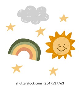 Ilustração de madrugada de mão bonita de sol sorridente, arco-íris, nuvem e estrelas em tons de terra. Perfeito para decoração de berçário, desenhos infantis. Desenhos planos infantis vetoriais isolados sobre fundo branco