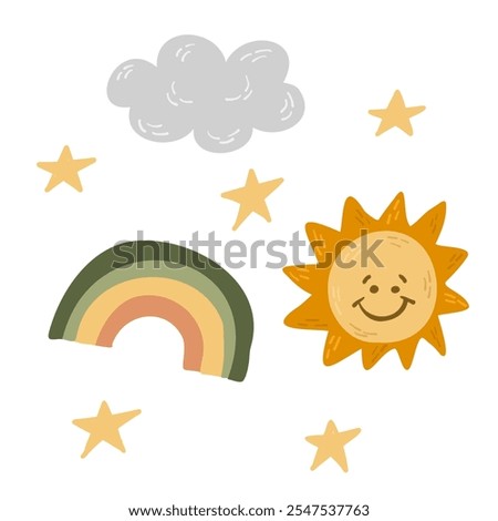 Cute hand dawn illustration of smiling sun, rainbow, cloud, and stars in earthy tones. Perfect for nursery decor, children designs. Vector childish flat drawings isolated on white background