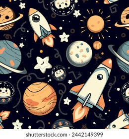 Cute hand designed space pieces seamless pattern. Space background. Space doodle drawing. Vector illustration. Seamless pattern with cartoon space rockets, planets, stars