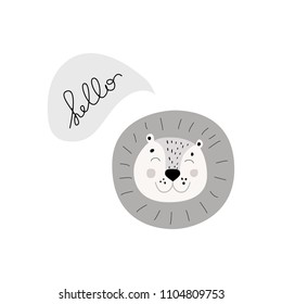 Cute hand doodle hand drawn nursery poster in scandinavian style, black and white art. Hello slogan graphic for kids design with lion face