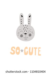 Cute hand doodle hand drawn nursery poster in scandinavian style, yellow black gray colors art. So cute slogan graphic for kids design with hare rabbit kitty face