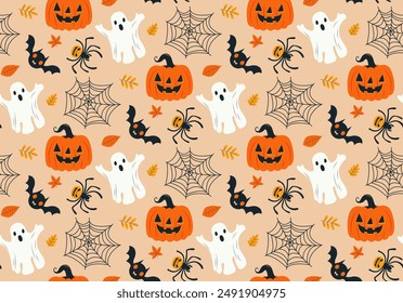 Cute Hand Draw Boho Happy Halloween holiday Seamless Pattern background. Pumpkin, Ghost, Bat, Cartoon style Spider vector Wallpaper illustration texture Bohemian desing repeat design for fabric print.