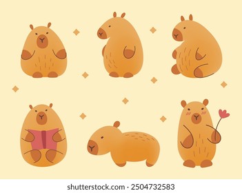 Cute hand draw capybara set on beige background.Childish,kids print. Vector illustration. Cartoon characters. Capybara with flower, book. Siiting capybara.Flat style with mesh gradient.