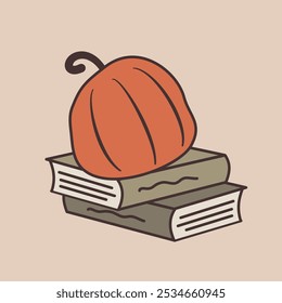 Cute hand draw cartoon orange pumpkin on pile of books vector illustration isolated for autumn season