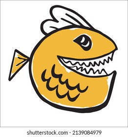Cute Hand Draw Cartoon 
Yellow Fish Icon On White Background