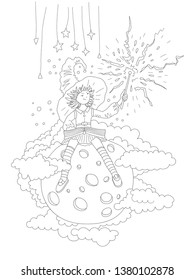 Cute hand draw coloring page with fairy girl who sits on the moon and holds a magic wand, surrounded by clouds and stars. Girl in witch hat, skirt and long socks. Magic coloring page