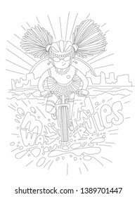 Cute hand draw coloring page with brave girl. Feminist zen art vector illustration for colouring pages - little girl heatedly driving bike with lettering My Way My Rules.