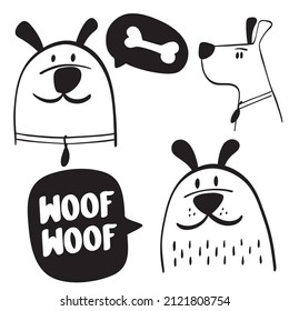 Cute, hand draw dogs with woof woof text bubble.