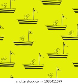 Cute hand draw of fisherman on yellow background seamless pattern
