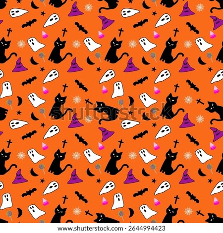 Cute hand draw halloween seamless background with spooky, bat,cat, spider web, rood, candy and fang on orange background.