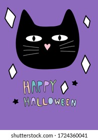 Cute hand draw illustration cartoon of Happy Halloween party day concept. Funny black cat character for greeting invitation card, nursery art, kid