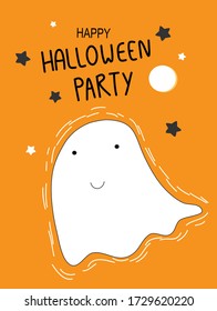 Cute hand draw illustration cartoon of little baby ghost on Orange background. Happy Halloween party day concept. Funny character for greeting invitation card, nursery art, kid