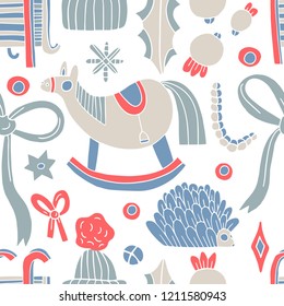Cute hand draw linocut pattern with gifts, hedgehog, sled, toy horse. Seamless  overlapping hygge scandinavian background. Textile, blog decoration, banner, poster, wrapping paper.