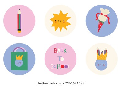 Cute Hand Draw Round Shaped Stickers for School Day  Bright Pencil  Paper Bag  Gift pastel Background  Set Decorations for Candy Bar Teachers Day 