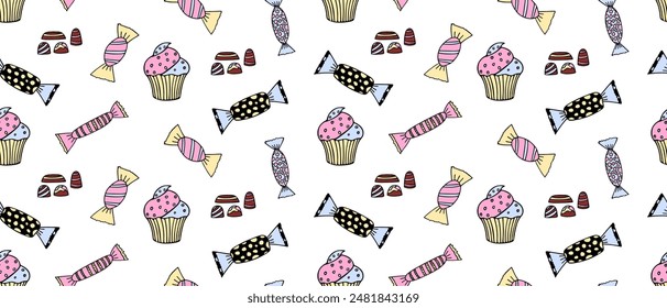 Lindo dibujo a mano sin patrón Horizontal con caramelos y cupcakes.Adorno de garabato de colores con dulces. Aislado sobre fondo blanco cambiable. Patrón bonito del Vector del bebé para la impresión, tela, diseño.