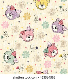 Cute hand draw seamless pattern with cartoon bear