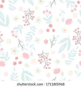 cute hand draw style pastel pink and blue spring tiny little flower and leaf seamless pattern