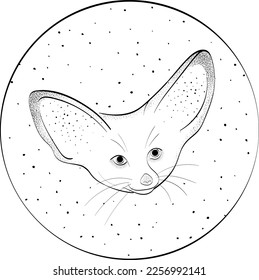 Cute hand draw vector fennec fox. For srickers, tattoo, print, logo. Illustration in a circle on a white background.