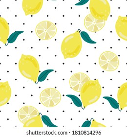 mano linda dibujar limón amarillo en fondo de punto patrón transparente