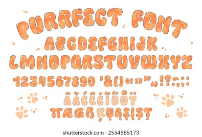 Cute hand drawing alphabet in fluffy fur style. Creative typeset for pet concepts. Extended latin alphabet set with numbers, ligatures and diacritics. Playful font design for any purposes