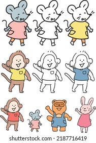 Cute hand drawing animal bundle Icon Set isolated on a white background.