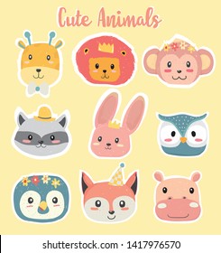 cute hand drawing animal head clipaart icon in pastel color collection, set of wild animal lion, giraft, monkey, raccoon, rabbit, owl, penguin, fox and hippo