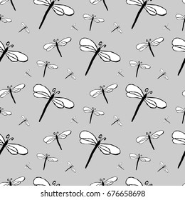 Cute hand drawing a black and white childish pattern with dragonflies. Seamless vector illustration for fabric, textile, wrapping, paper, wallpaper, texture, background. 