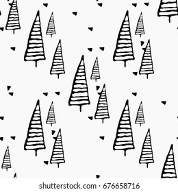 Cute hand drawing a black and white seamless pattern with trees. Forest pattern. Seamless vector illustration for fabric, textile, wrapping, paper, wallpaper, texture, background. 