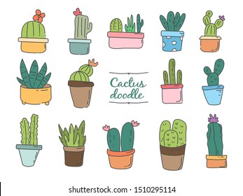Cute hand drawing cactus collection sticker set doodle colourful