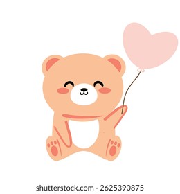 Cute hand drawing cartoon with animal bear and balloon pink, for cards, sticker, label, tag.