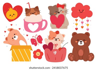 una mano linda dibujando animales de dibujos animados con el corazón rosado. colección de pegatinas de animales lindos. pegatina de doodle de valentina