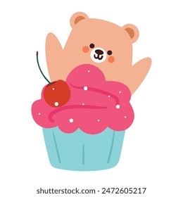 cute hand drawing cartoon bear with strawberry cupcake. cute animal sticker with cute dessert. cute doodle
