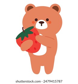 cute hand drawing cartoon bear holding a strawberry. cute animal doodle sticker