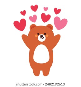 cute hand drawing cartoon bear with hearts. cute animal doodle sticker for valentine
