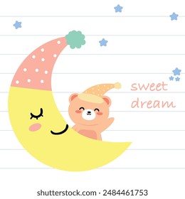 Cute hand drawing cartoon bear sleeping on the moon, cute animal sticker, doodle