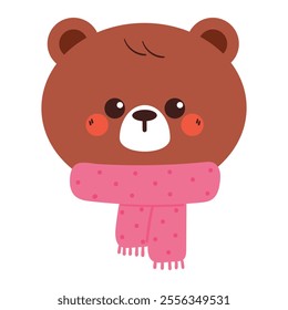 cute hand drawing cartoon bear wearing pink scarf. cute bear drawing for winter sticker, winter animal