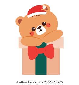 cute hand drawing cartoon bear inside christmas gift. cute bear drawing for christmas and winter sticker