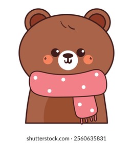 cute hand drawing cartoon bear wearing pink scarf. cute bear drawing for winter sticker, winter animal