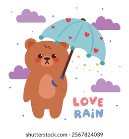 cute hand drawing cartoon bear with umbrella. cute bear drawing for card and wallpaper