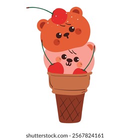 cute hand drawing cartoon bear inside ice cream cone. cute bear drawing for sticker, icon