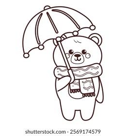 cute hand drawing cartoon bear wearing scarf and umbrella coloring page illustration