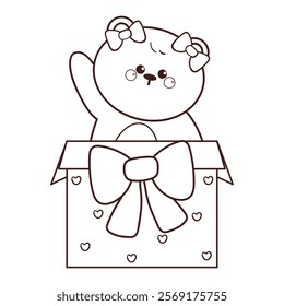 cute hand drawing cartoon bear inside gift box coloring page illustration