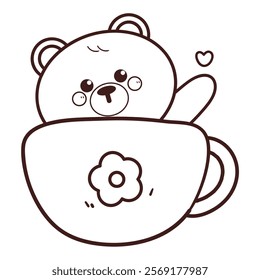 cute hand drawing cartoon bear inside cup coloring page illustration