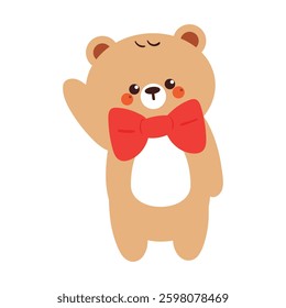 cute hand drawing cartoon bear with big red bow. cute bear drawing for animal sticker, icon