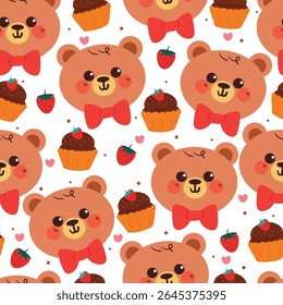 desenho de mão bonito desenho de desenho de desenho animado urso de morango cupcake sem costura padrão. padrão animal bonito no fundo branco para presente papel de dobra e papel de parede